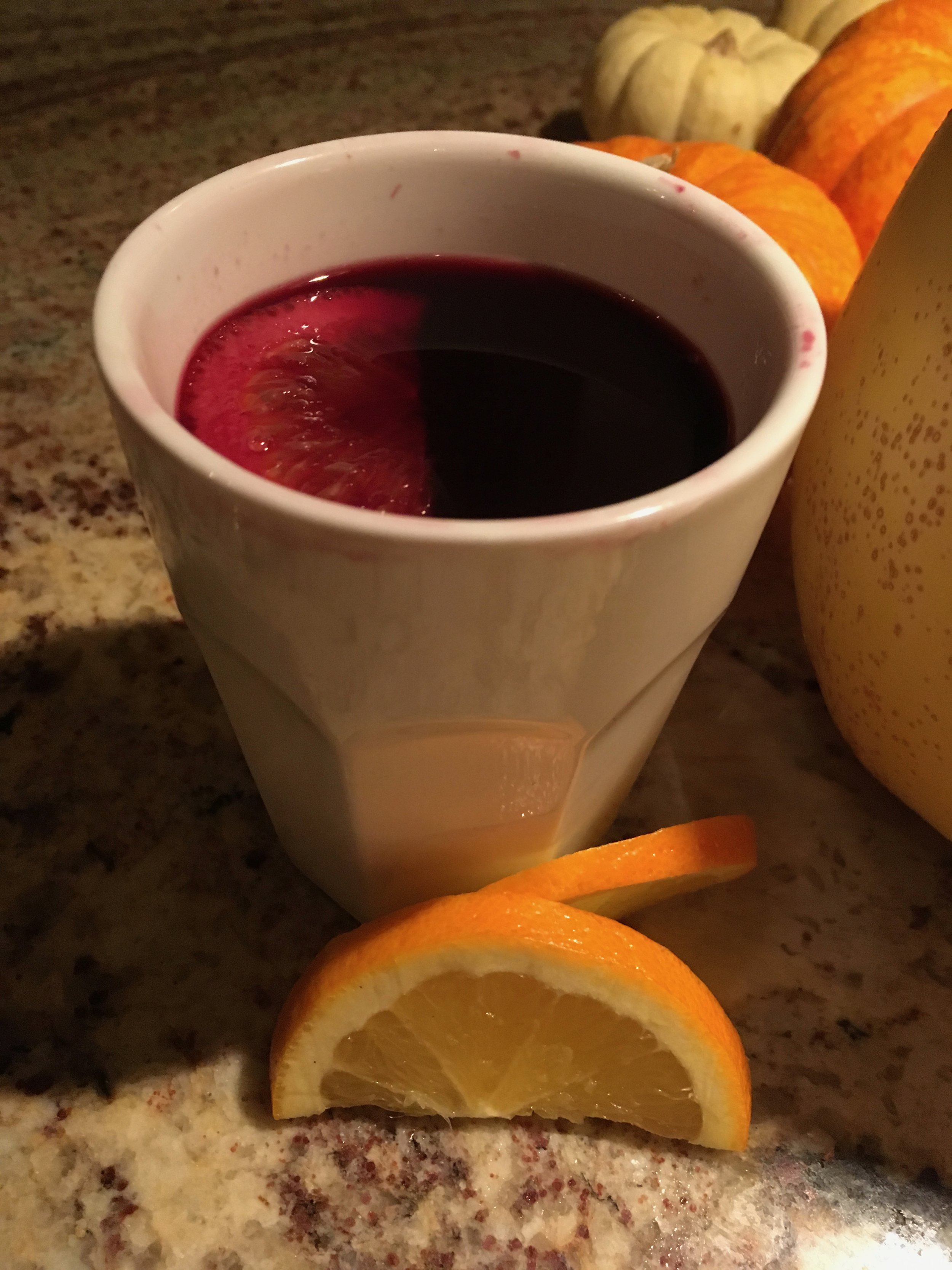 Tim's GERMAN GLUHWINE (MULLED WINE) 1 magnum (1500ml) red Wine (CHEAP WORKS WELL!) 1 1/2 cups of orange juice 1/2 cup lemon juice 1 cup of white sugar 2-3 cinnamon stick 1 orange for garnish 20 whole cloves 5 star anise crumbled up 2 tablespoons cardamum seeds Simmer to make the house smell amazing. I usually make it a couple of hours ahead of time or even a day or two ahead of time. Then reheat in a pan. Add an orange slice for garnish, serve in a coffee mug.