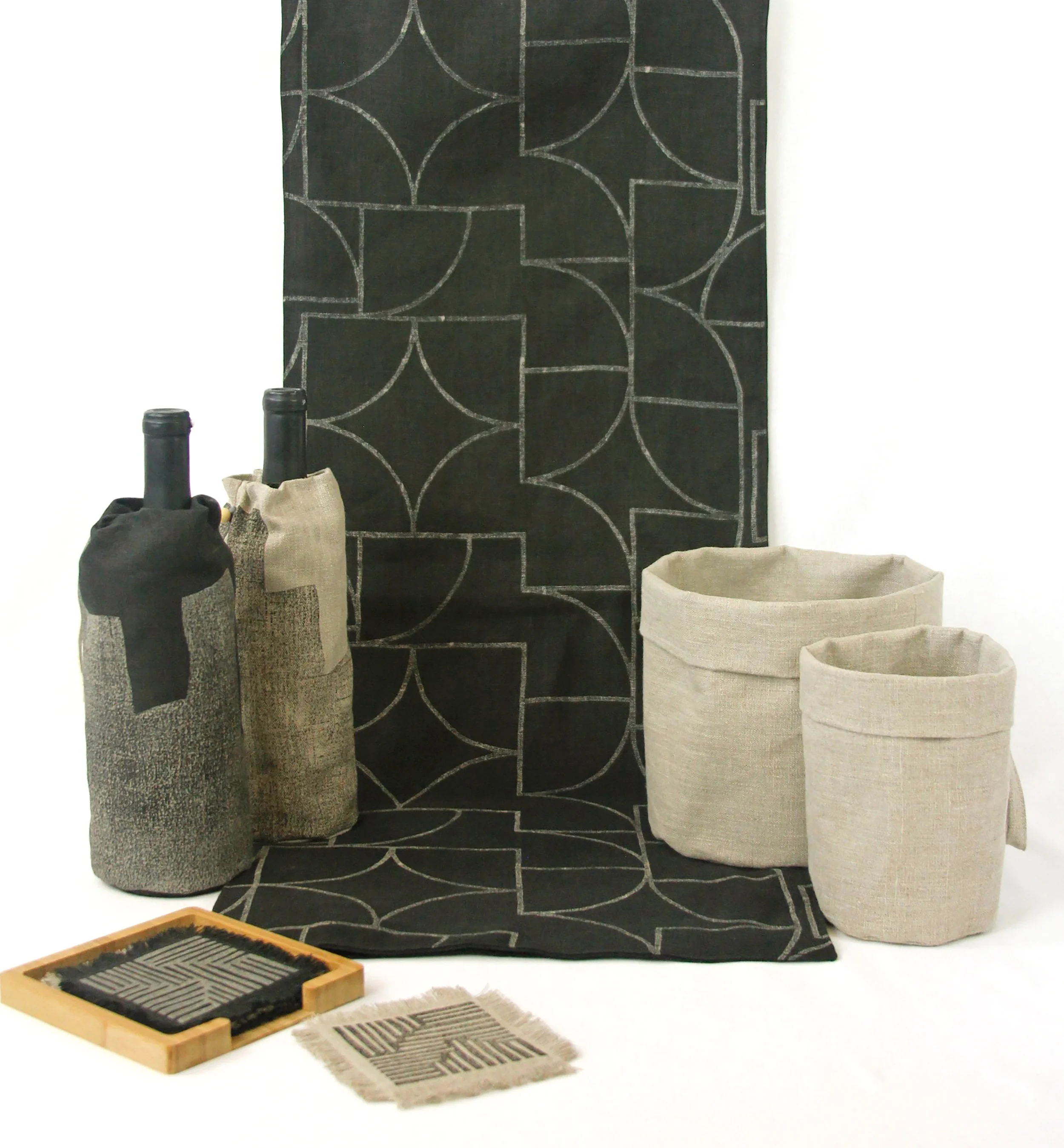 Table Runner, Wine Bags, Coasters, Storage Bins, Linen, Block Print, Custom Made Textiles, Black, Oatmeal, Leadlight, Home Decor, Collection