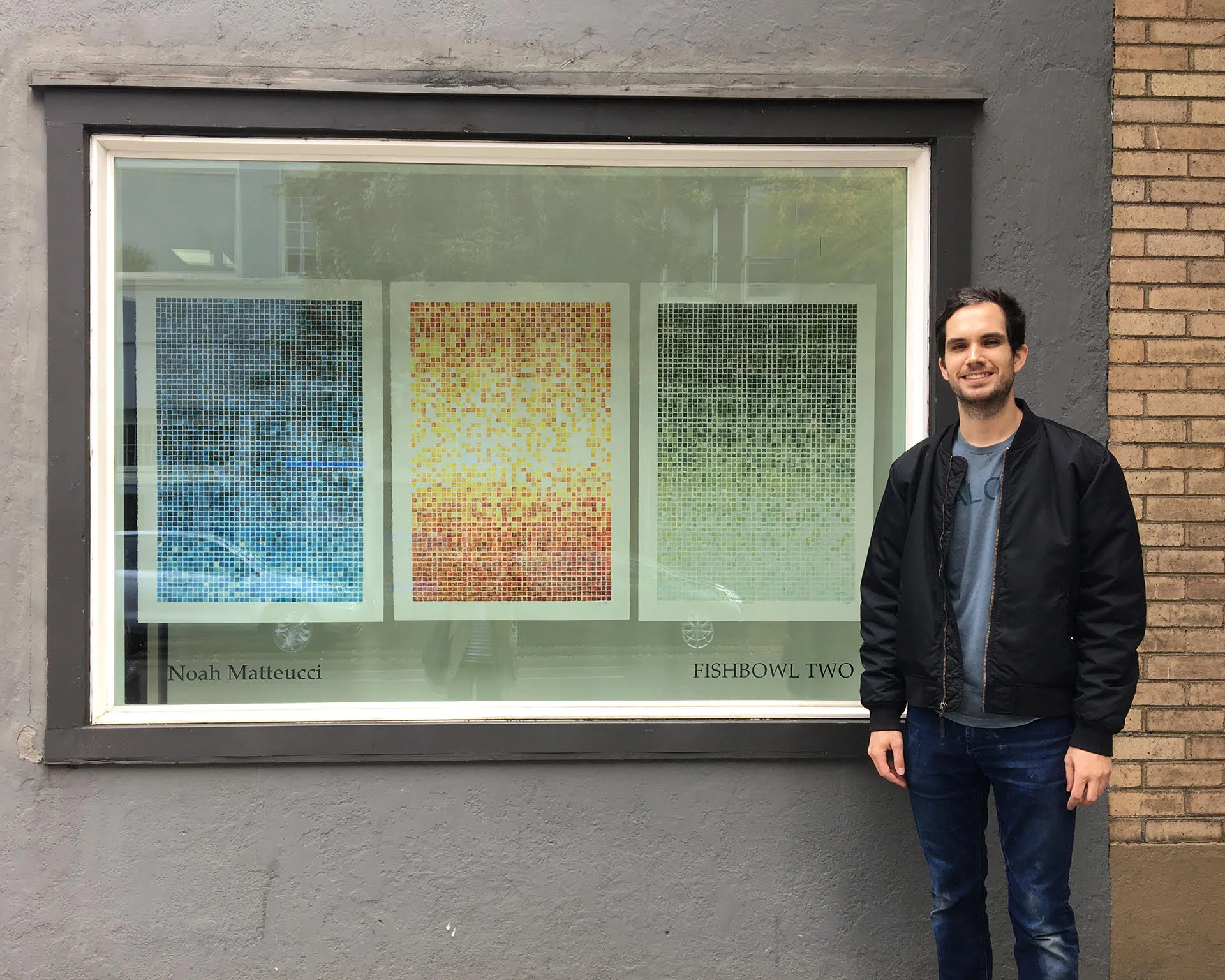 Me and my pixelated sky woodblock prints in the Blackfish Gallery window display.