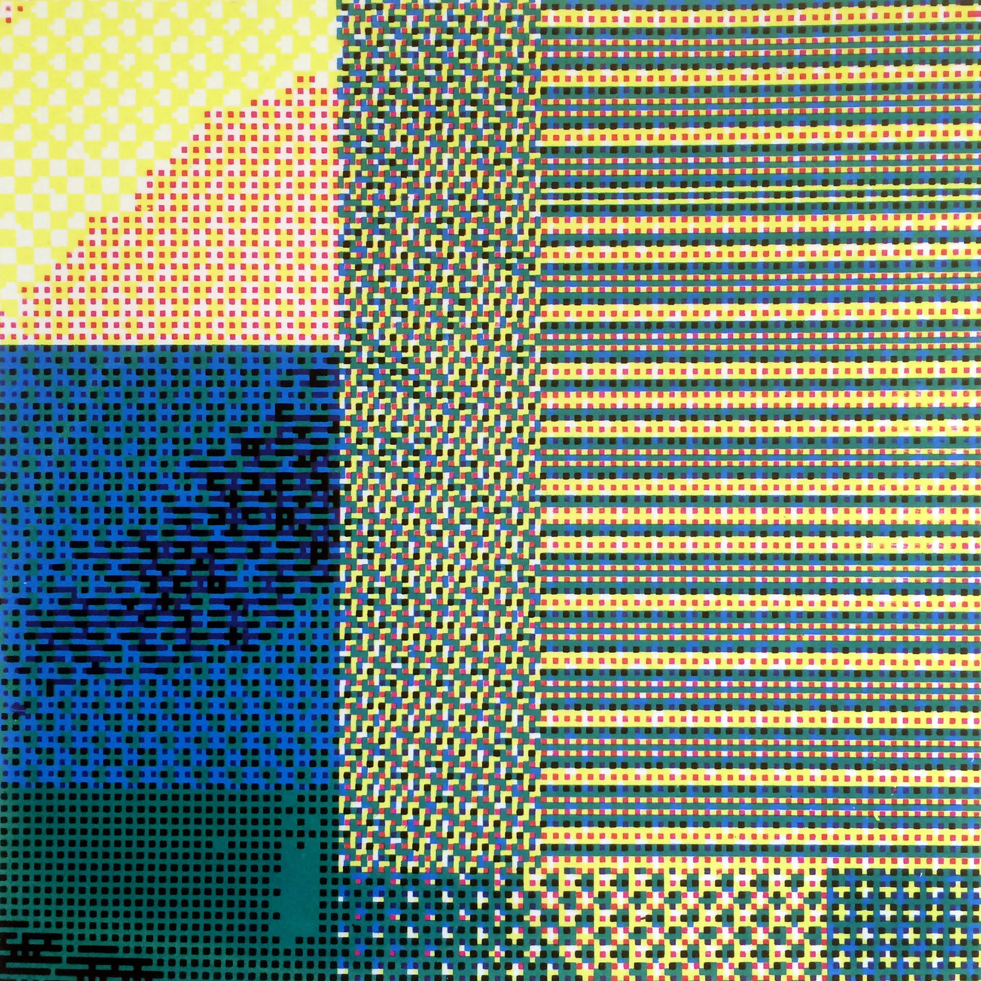 Glitch_20, a four color CMYK screen print, 8”x8”.