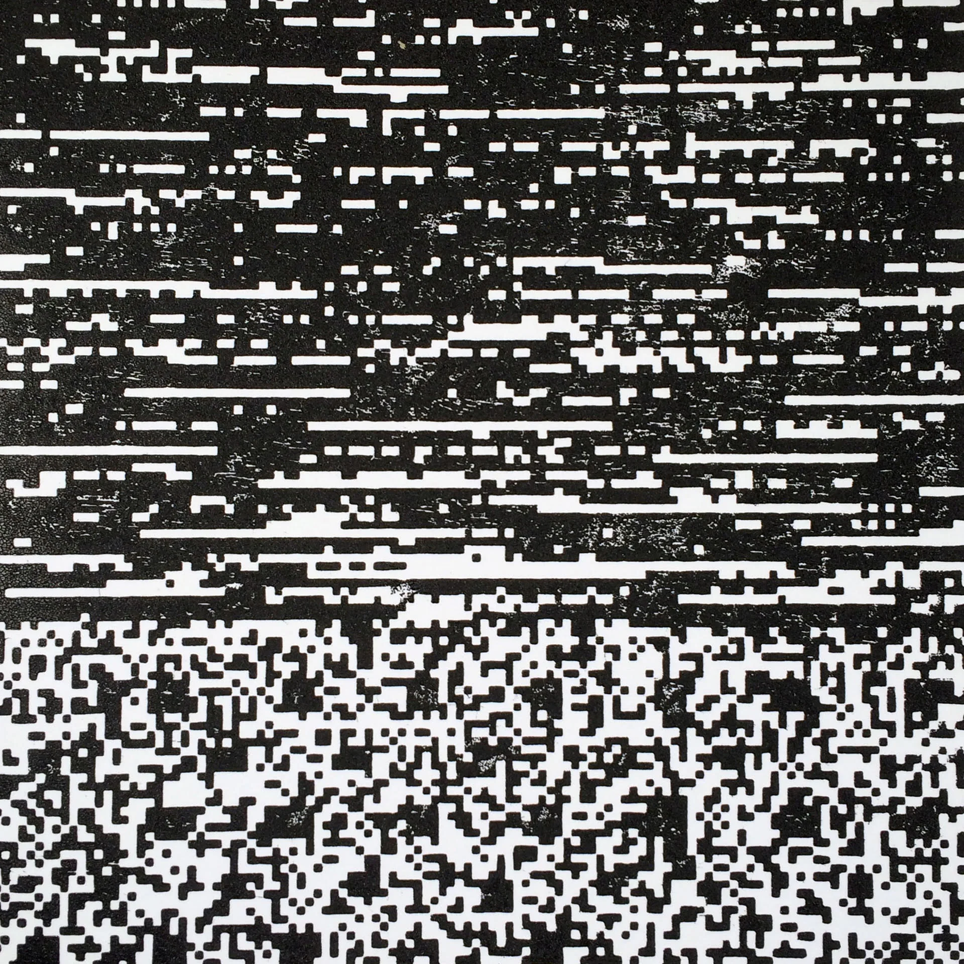 Ocean of Noise, a laser-engraved glitch woodblock print, 8”x8".