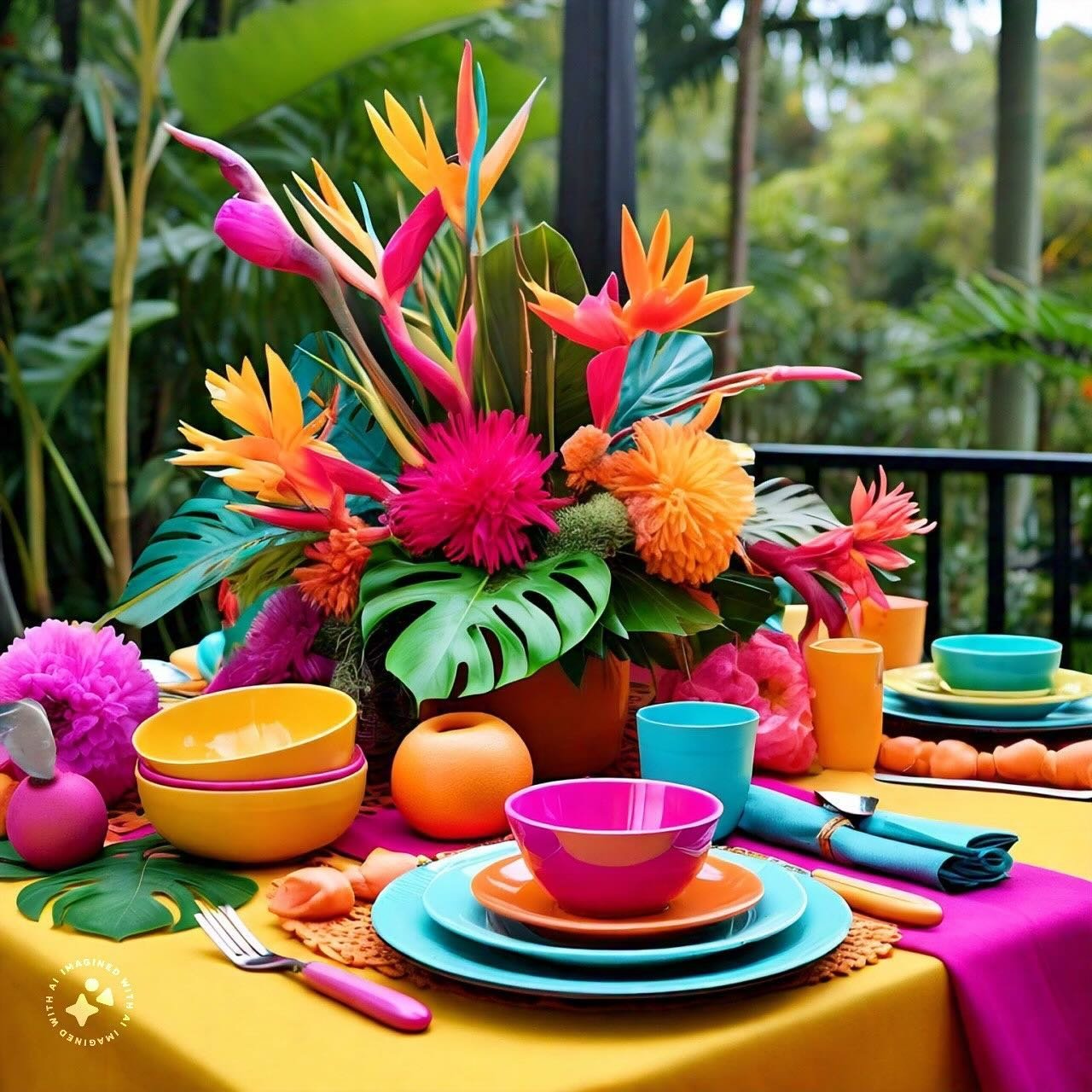 I asked AI for an image that would inspire using bright colors for a summer dinner party. What do you think? Would you like to dine here? I&rsquo;d love to have this set of dishes! How about you?