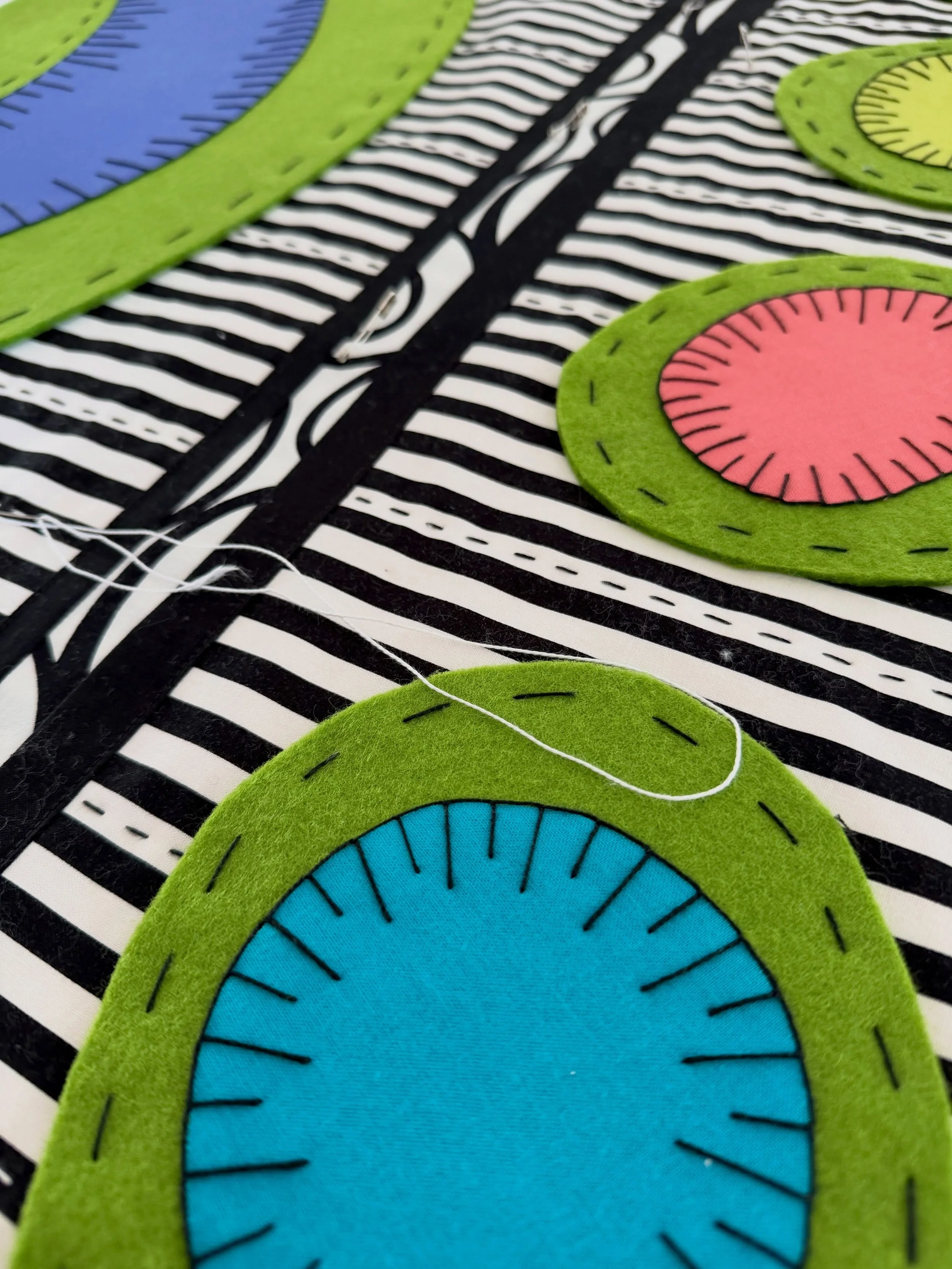 I&rsquo;m working on a new art piece with a deadline in a couple of months. I&rsquo;m loving the bright colors and big stitches! I&rsquo;m back in my happy place of design! #design #handstitch #fiberarts