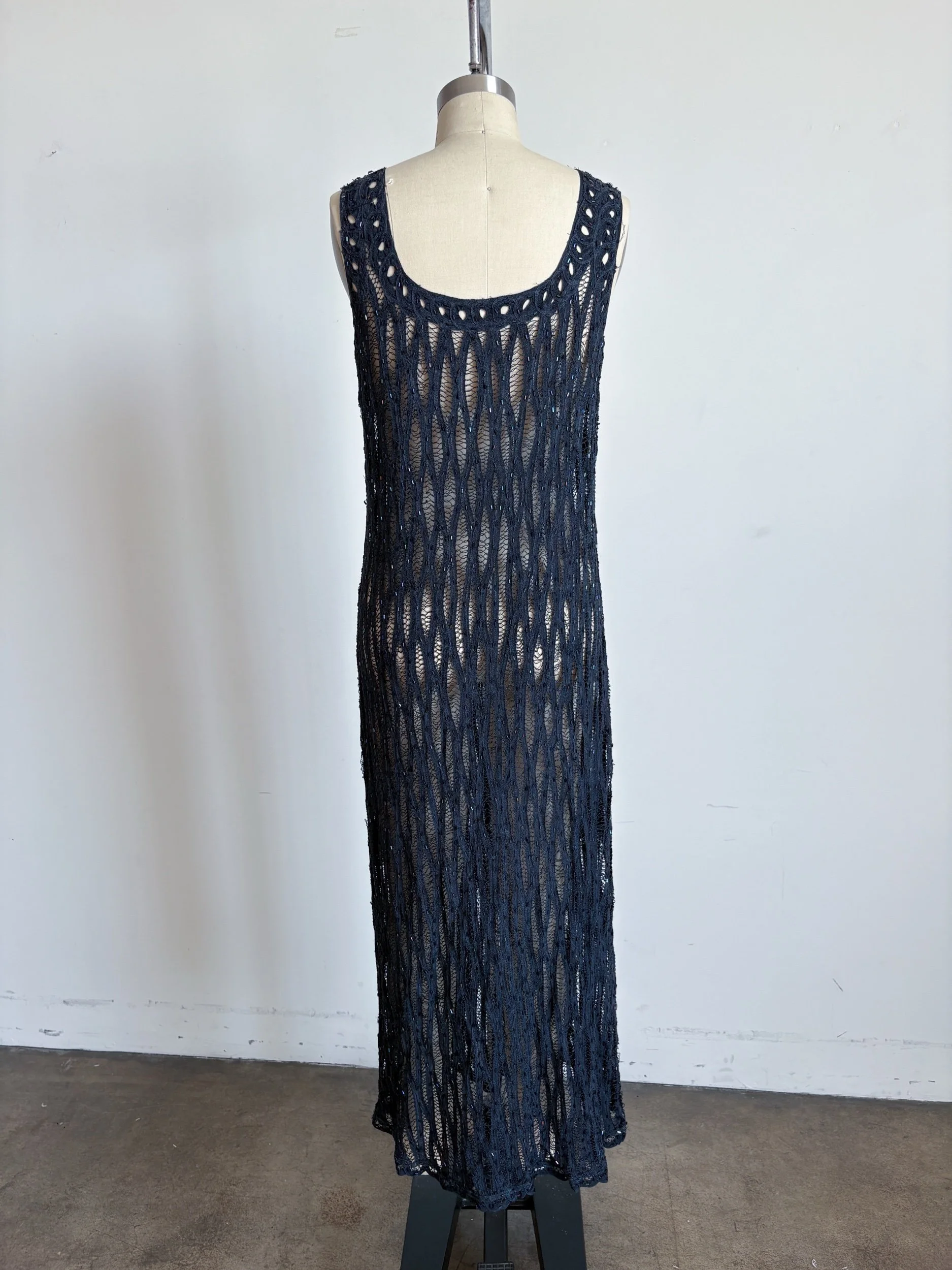 Sheer Navy Beaded Lace Dress