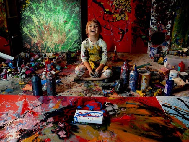 Aelita Andre . This little pumpkin from Melbourne, started painting at the age of 9 months and her paintings sell for thousands. Excerpt from her website - Aelita employs techniques and materials naturally and freely as she sees fit at that moment. Every action contributes to the painting and is infused with a genuine expression of joy and wonder. Often while painting Aelita will pause and say, “Oh wow, that’s so beautiful!”, or, “Oh, look at that!” Aelita comes up with her extraordinary creative and evocative names after finishing her painting, then bows and says in a refined voice, “Thank you”, and exits the painting area.