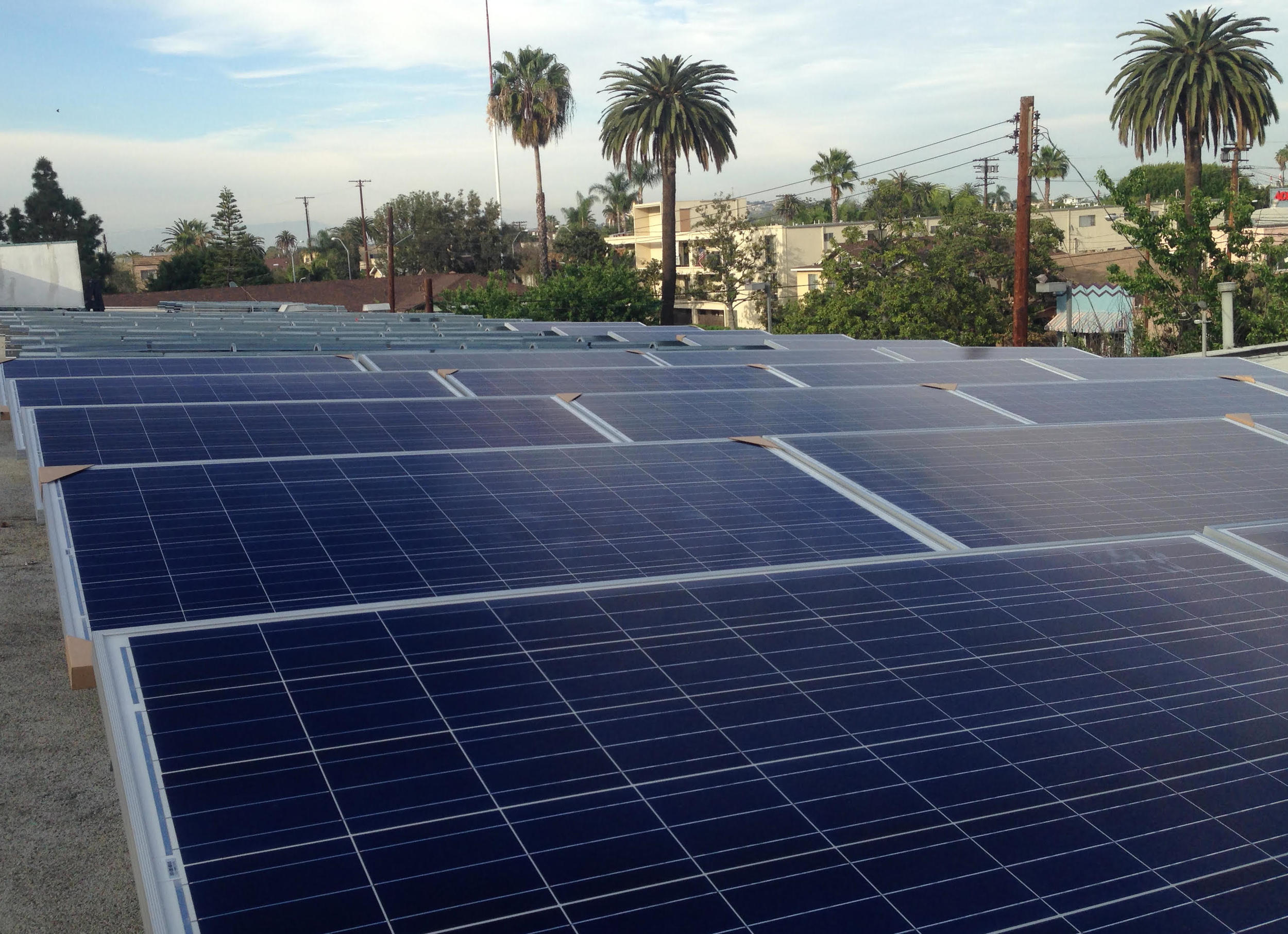 Solar panels in place for installation following the first day of construction at Covenant Presbyterian Church in Long Beach. 