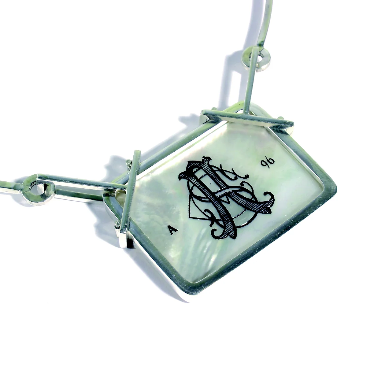  Necklace signed by DS, sterling silver, onyx, mother of pearl, 1932 casino chip - construction 