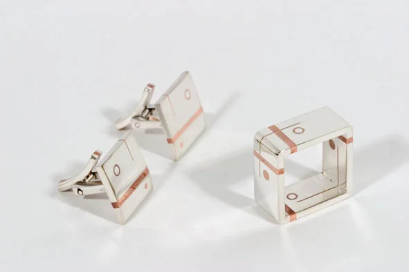  Cufflinks and ring signed by DS, sterling silver, copper inlays - construction 