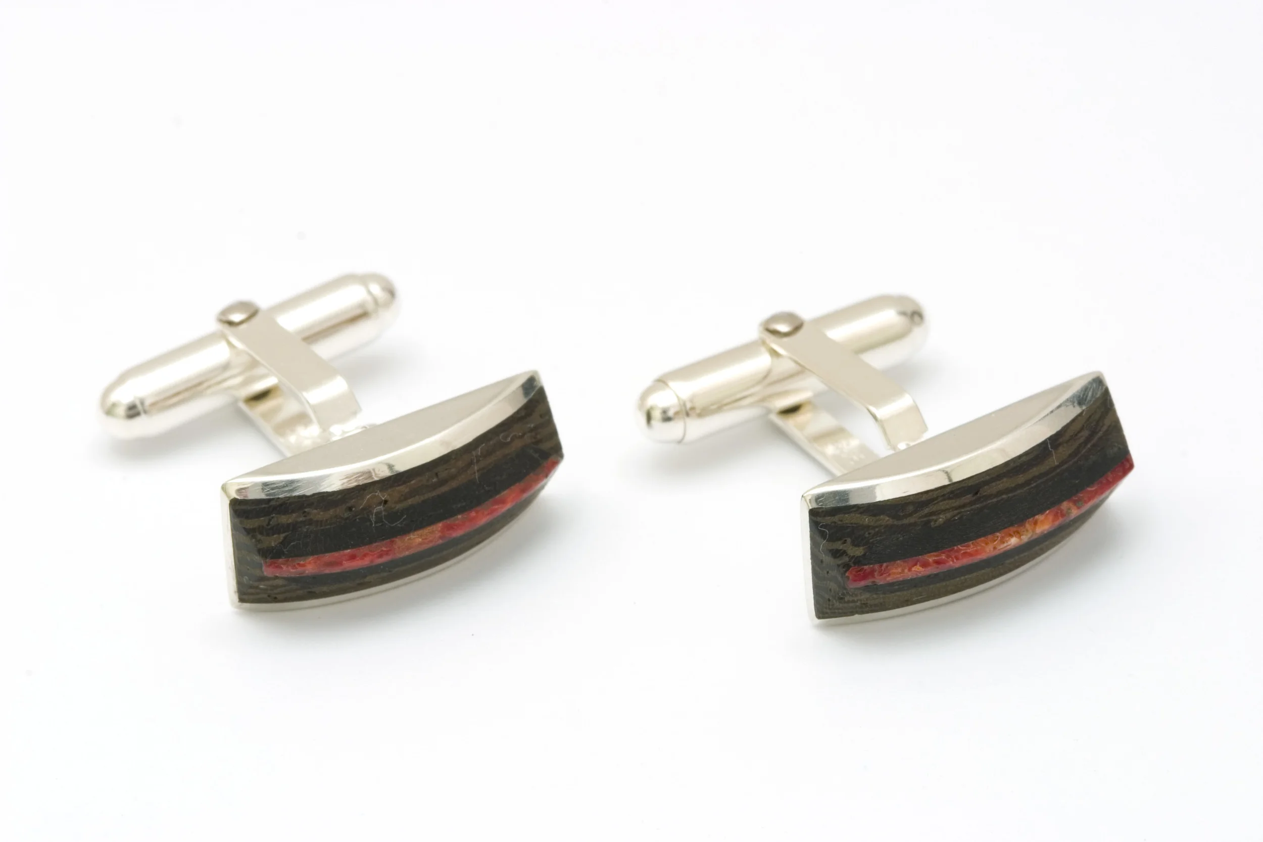  Cufflinks signed by DS, sterling silver, wenge, coral - construction 