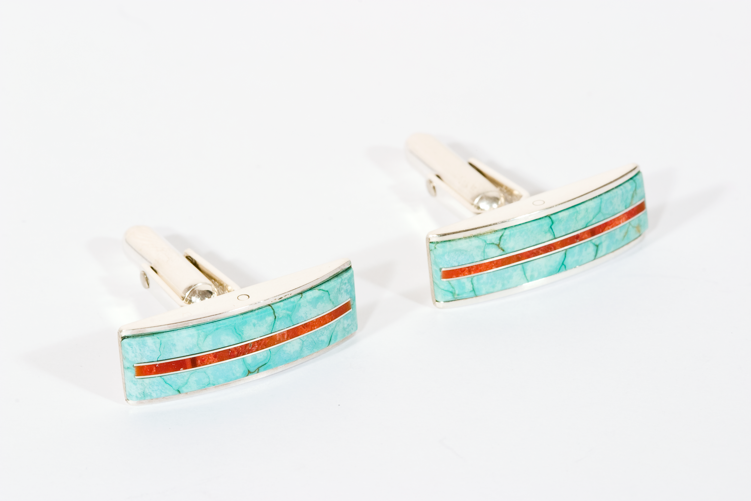  Cufflinks signed by DS, sterling silver, coral, turquoise - construction 