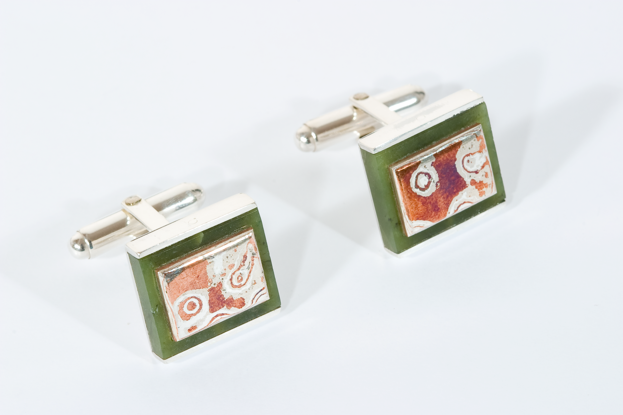  Cufflinks signed by DS, sterling silver, jade, Mokume Gane 