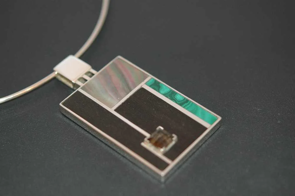 Necklace signed by DS, sterling silver, ebony, mother of pearl, citrine, malachite - construction