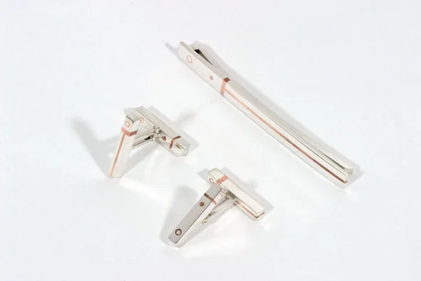 Cufflinks and tie pin signed by DS, sterling silver, copper inlays - construction