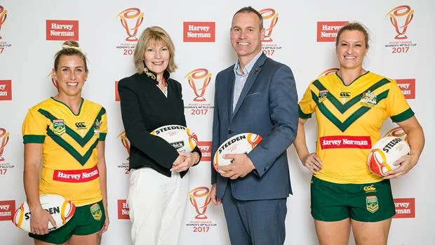 Jillaroos players Sam Bremner and Ruan Sims are joined by Harvey Norman CEO Katie Page and RLWC 2017 CEO Andrew Hill. Credit: Narelle Spangher.