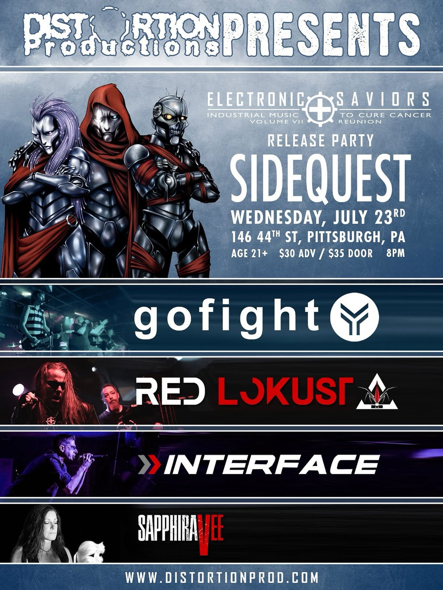 We are less than 2 weeks away!
.
@distortionproductions presents:
#electronicsaviors #industrialmusictocurecancer release party at @sidequestpgh with:
@gofightnation
@redlokust
@interfacemusic
@sapphira.official
.
Can't wait to see you out ther