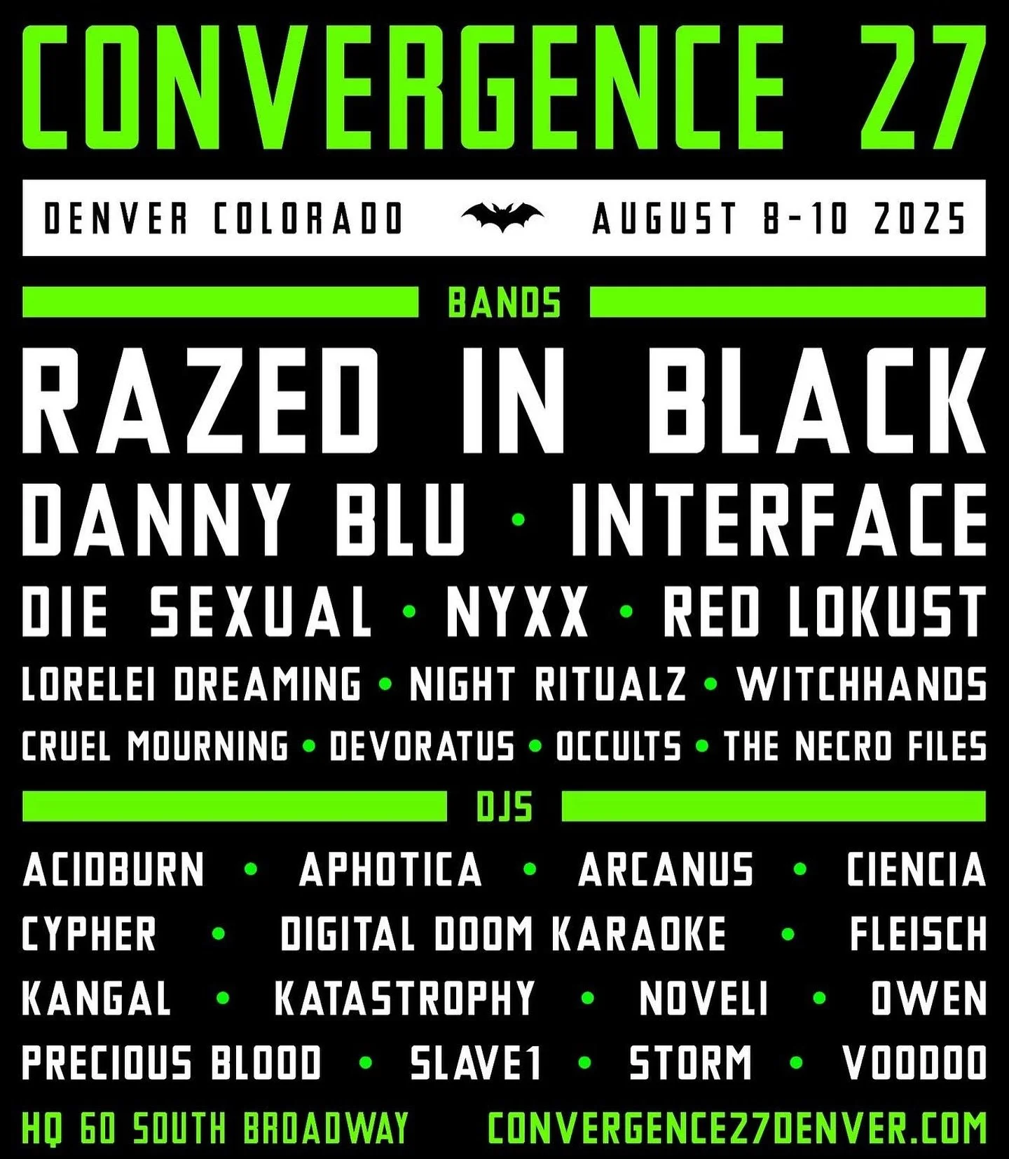 Coming up so fast! @convergence27denver @interfacemusic @redlokust @loreleidreaming @distortionproductions
.
#electronicsaviors #distortionproductions #industrialmusictocurecancer #redlokust #loreleidreaming #interfacemusic #convergence27denver
