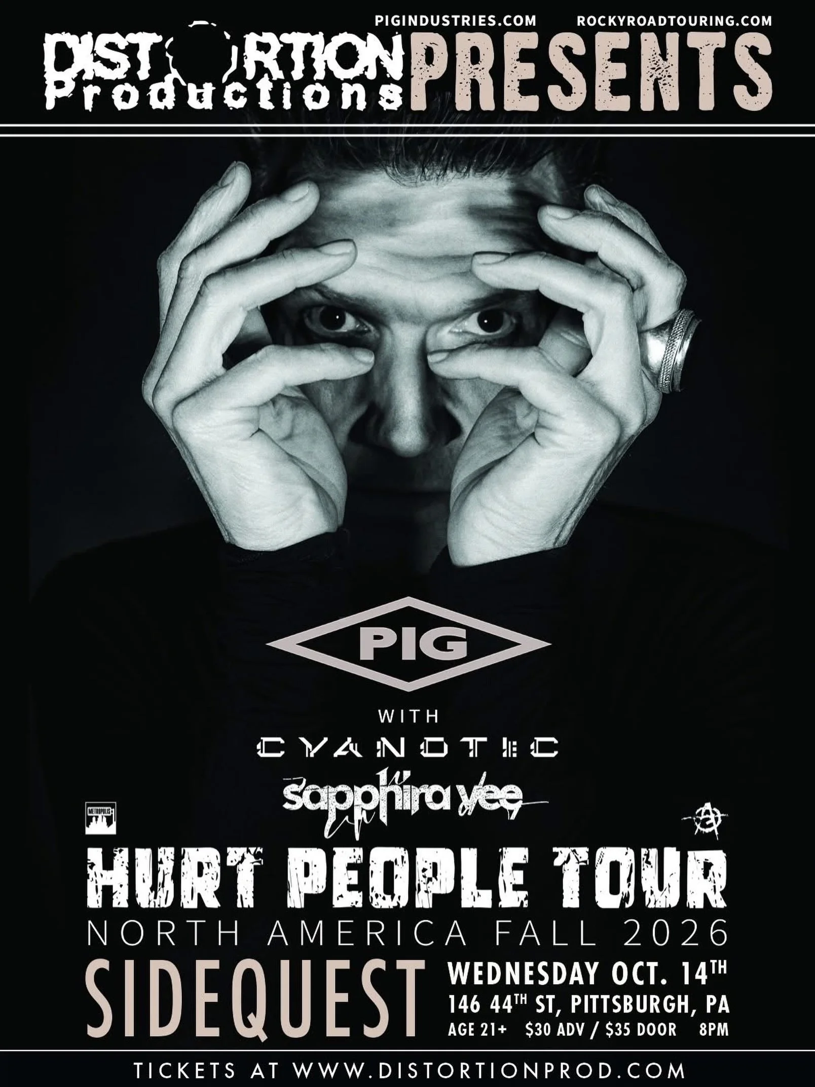 @raymondwatts is coming to PITTSBURGH! 

Tomorrow night, October 14th, @pig_band_official brings the HURT PEOPLE TOUR to @sidequestpgh with @cyanotic and @sapphira.official 

📍 Sidequest | 146 44th St, Pittsburgh, PA
🕗 8 PM | 21+
🎟️ $30 advance / 