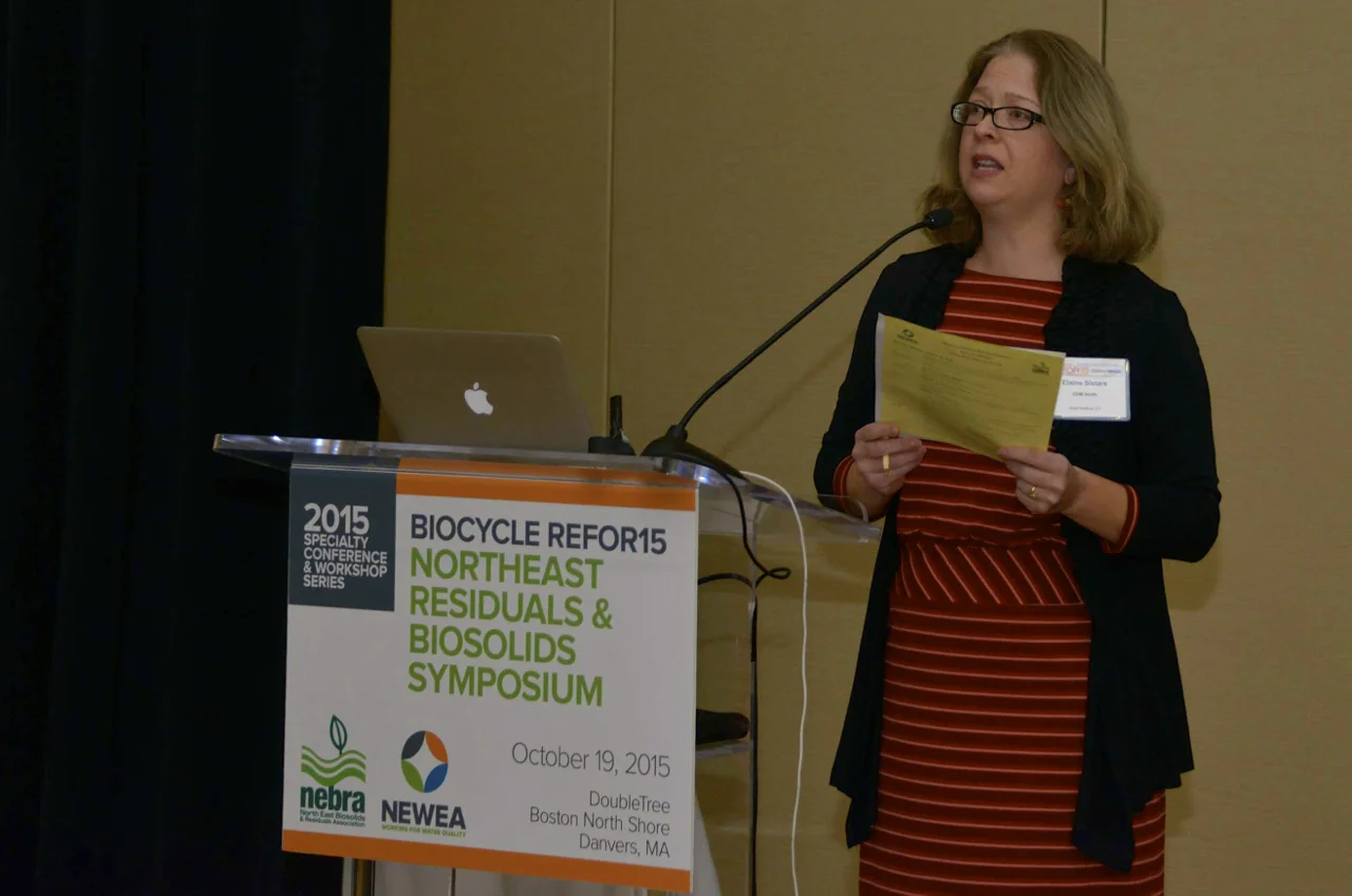 Elaine Sistare, Chair, NEWEA Residuals Management Committee, moderates. C. Tyler photo.