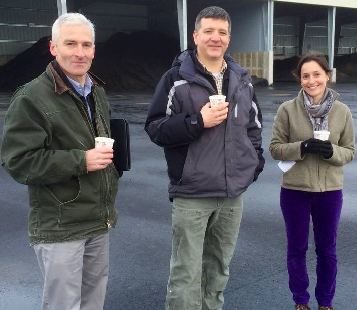 Andre Brousseau (center) with Wright-Pierce compost facility engineers Ed Leonard (Sr. Project Manager, left) & Lindsey Shields (Lead Project Engineer, right)