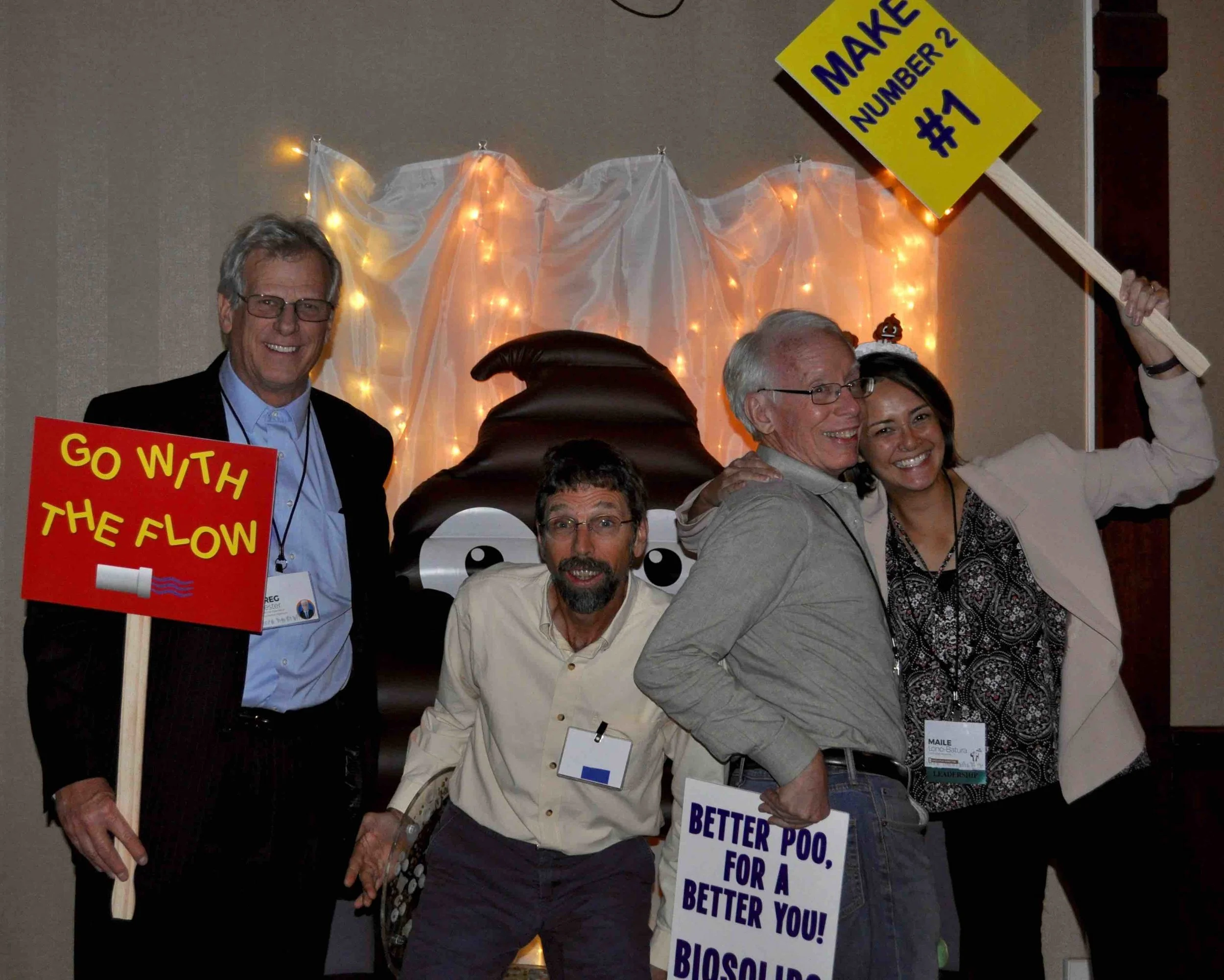 Staff of the leading regional biosolids groups celebrate decades of success at NW Biosolids' "BioFest," Oct. 2017. L to R: Greg Kester, CASA; Ned Beecher, NEBRA (20 years old); Bill Toffey, MABA (20 years old); Maile Lono-Batura (30 years old).