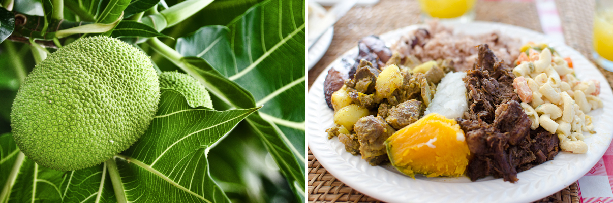 Breadfruit (Photo Credit: notsogoodphotography / flickr) | Curried Goat, Beef Stew, Breadfruit and Pumpkin at Vivine’s Kitchen (Photo Credit: Find. Eat. Drink.)