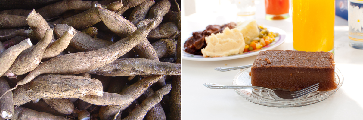 Cassava Root (Photo Credit: David Monniaux) | Cassava Cake at Vivine’s Kitchen (Photo Credit: Find. Eat. Drink.)