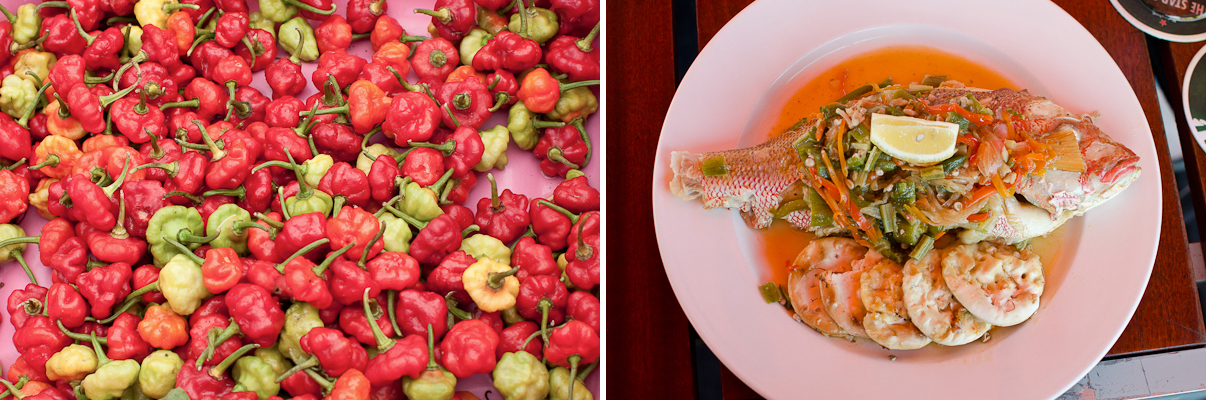 Scotch Bonnet Peppers at the Camana Bay Farmers Market (Photo Credit: Find. Eat. Drink.) | Steamed Fish with Peppers and Okra at Da Fish Shack (Photo Credit: Find. Eat. Drink.)