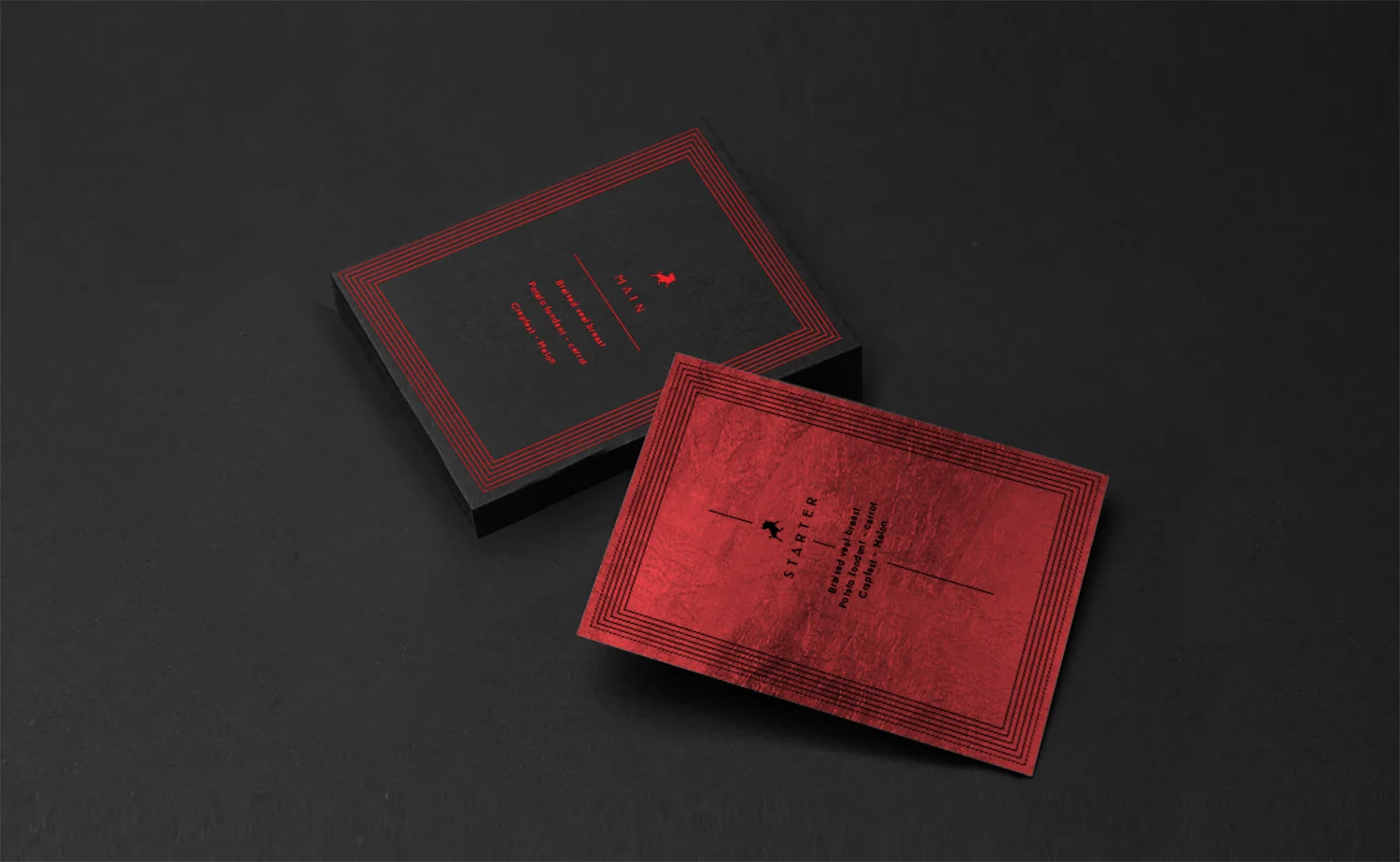 influencers diner for lois jeans; menu stack of cards, red foil on 400 grammes cardboard.