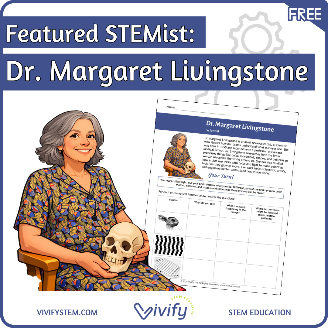 Featured STEMist: Dr. Margaret Livingstone cover, featuring cartoon representation of Dr. Margaret Livingstone and example of lesson from Vivify STEM