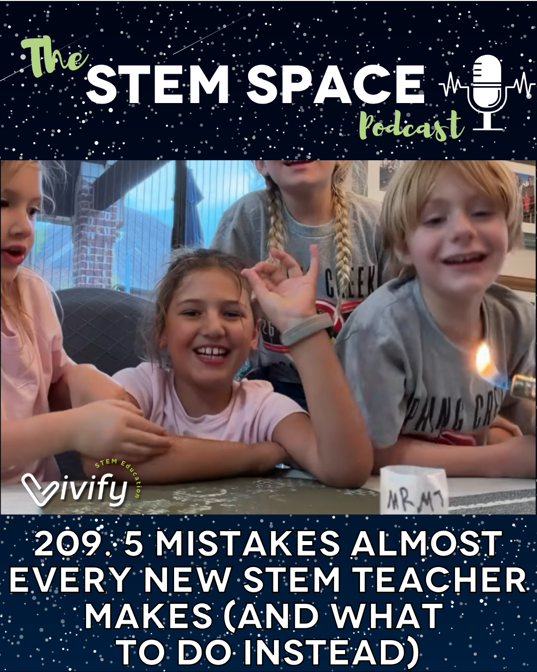 Natasha's and a neighbors children are featured excitedly getting ready with big smiles to do a science experiment about heat transfer