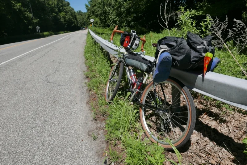 Pit Stop on Croton Turnpike in Yorktown Heights. Bike weighed 29 lbs, with gear 46.7 lbs (17.7 lbs of gear)