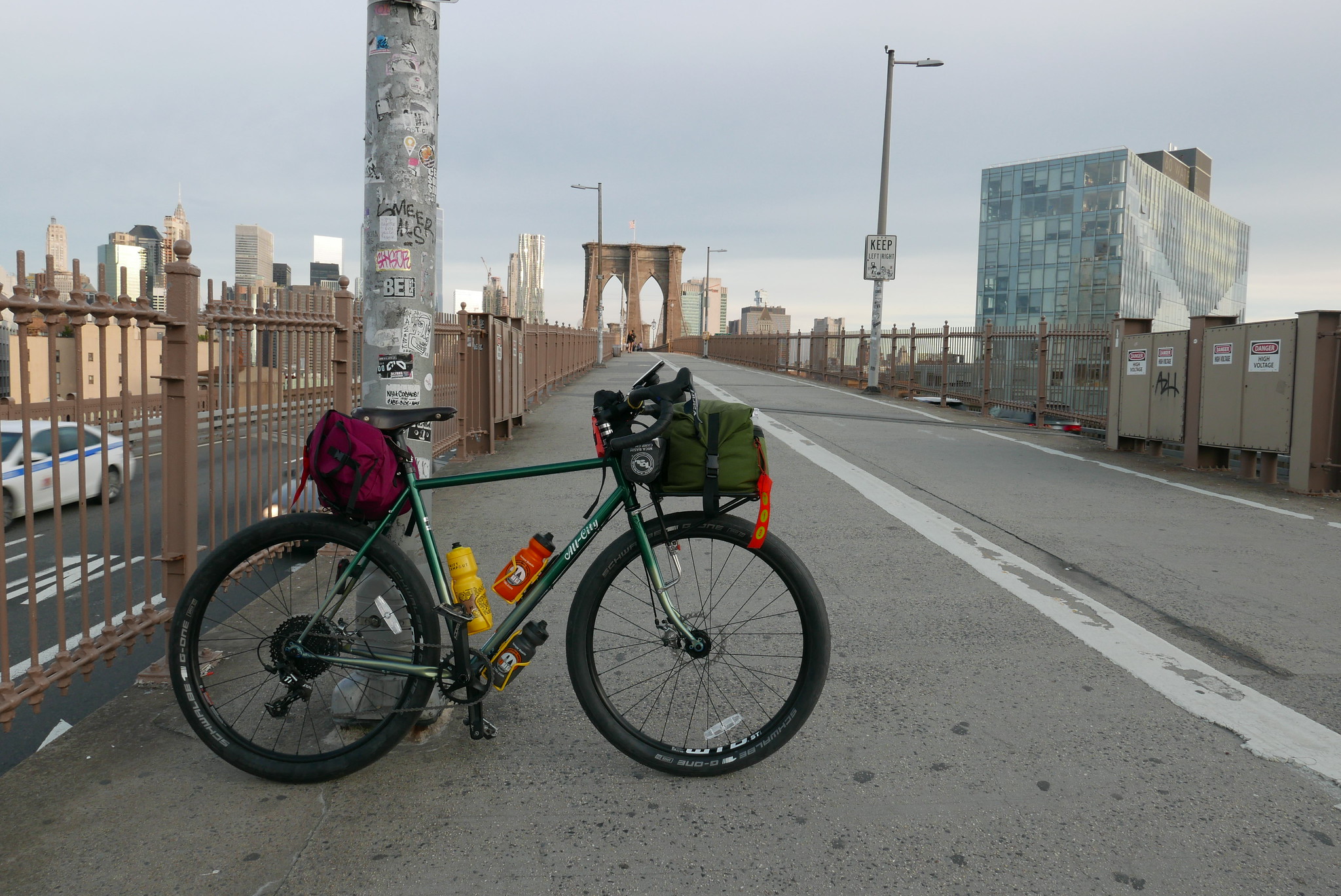 We used to start Micro-Tours at the shop in Brooklyn. We have since moved the start point to lower Manhattan to simplify logistics a bit. For me, this means a ride over the Brooklyn Bridge to our rendezvous point. On this ride I used an All-City Gorilla Monsoon with a Giles berthoud Saddle, Schgwalbe One 27.5x2.35 tires, Shimano Saint Pedals, Velo Orange/Road Runner Transporteur Bag , Swift Industries Zeitgeist Saddle Bag and a Revelate Feedbag .