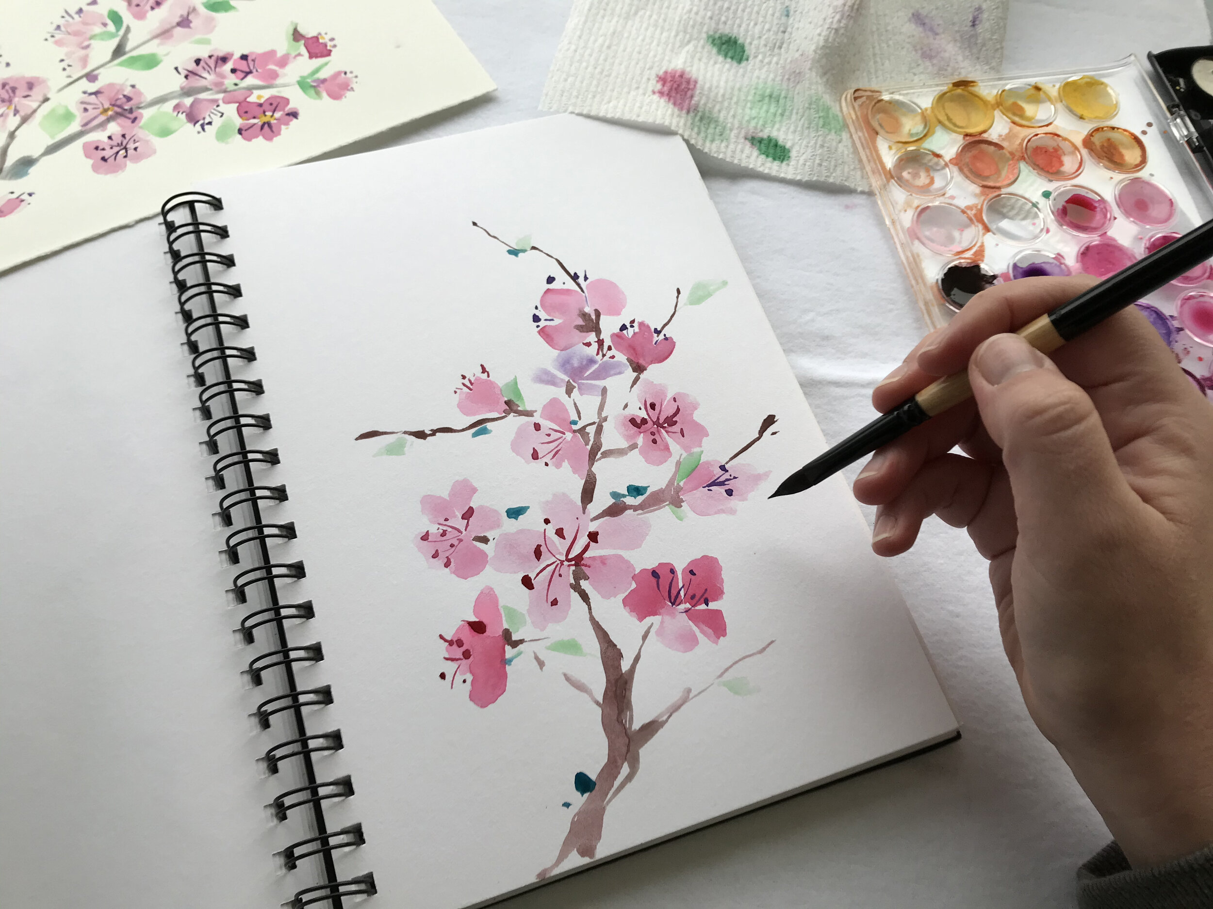 Watercolors Inspired by Chinese Brush Painting — Cherry Blossoms