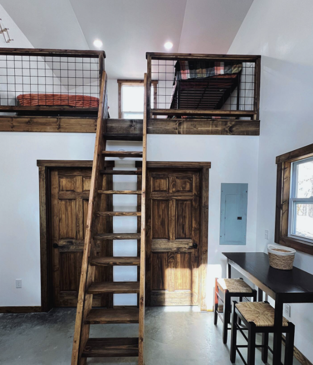 Hideaway Tiny House stairs to loft at Rising Sun Retreat.