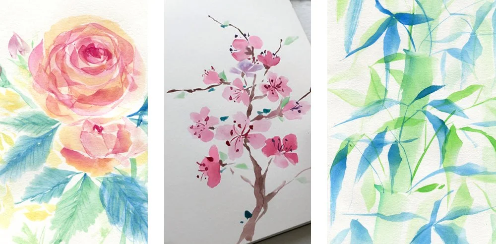 Miranda Fuller's watercolor paintings of roses, cherry blossoms, and bamboo.