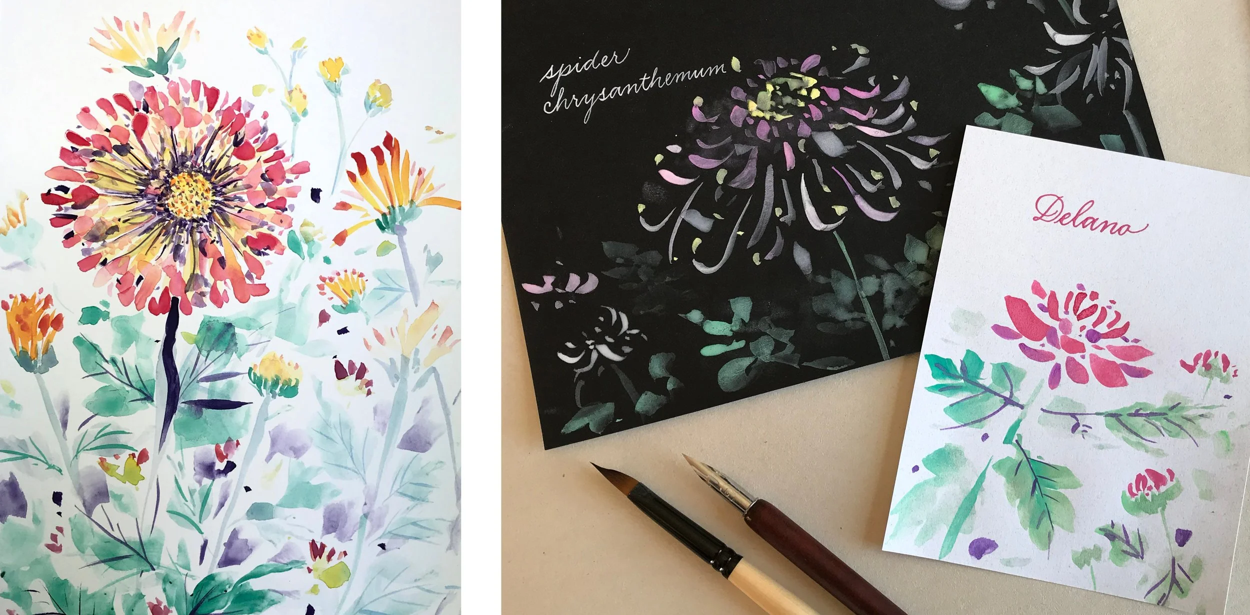 Miranda Fuller 3-Week Fall Watercolor Class Nashville Little Art House Chrysanthemums