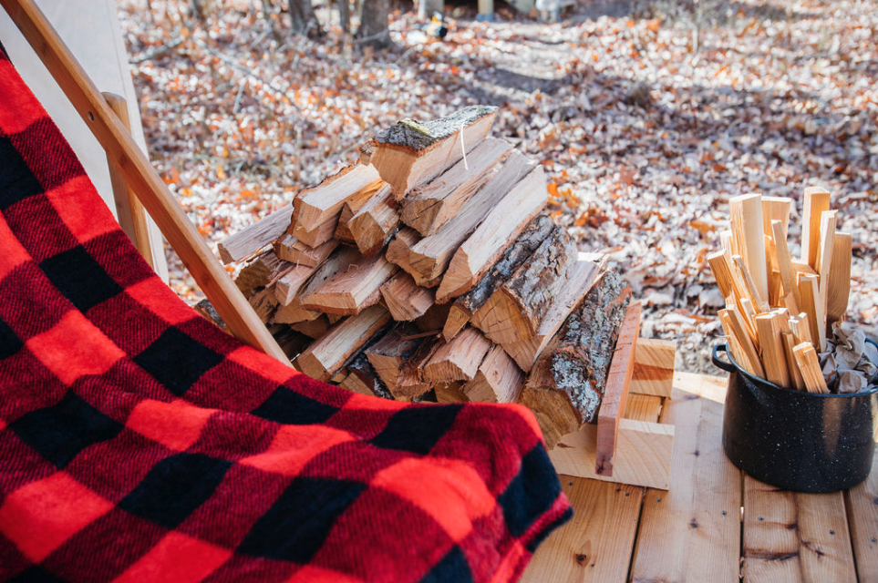 Wood for stove in Forest Hut at Rising Sun Retreat.