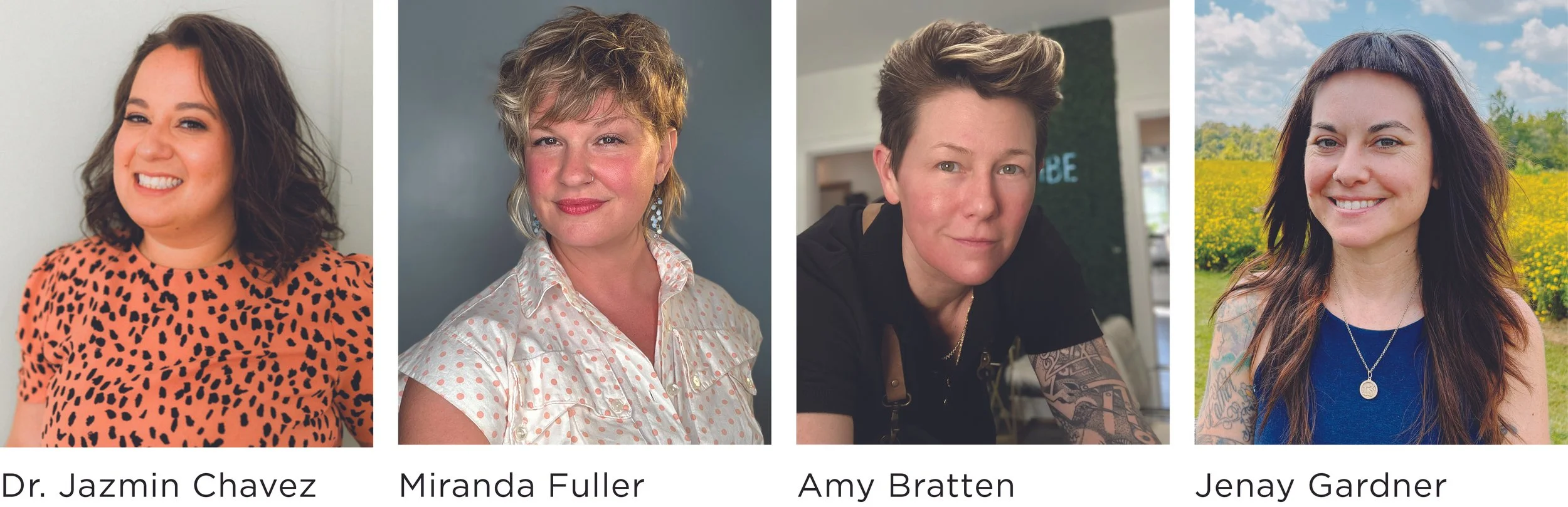 Four headshots from the Sewanee, Tennessee retreat: Dr. Jazmin Chavez (yoga and sound bath), Miranda Fuller (art and yoga), Amy Bratten (chef), and Jenay Gardner (host).