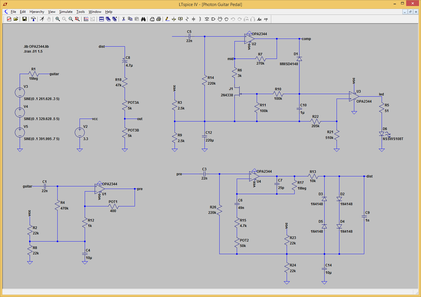 Fig. 6: Final design of the Photon Guitar Pedal in LTspice.
