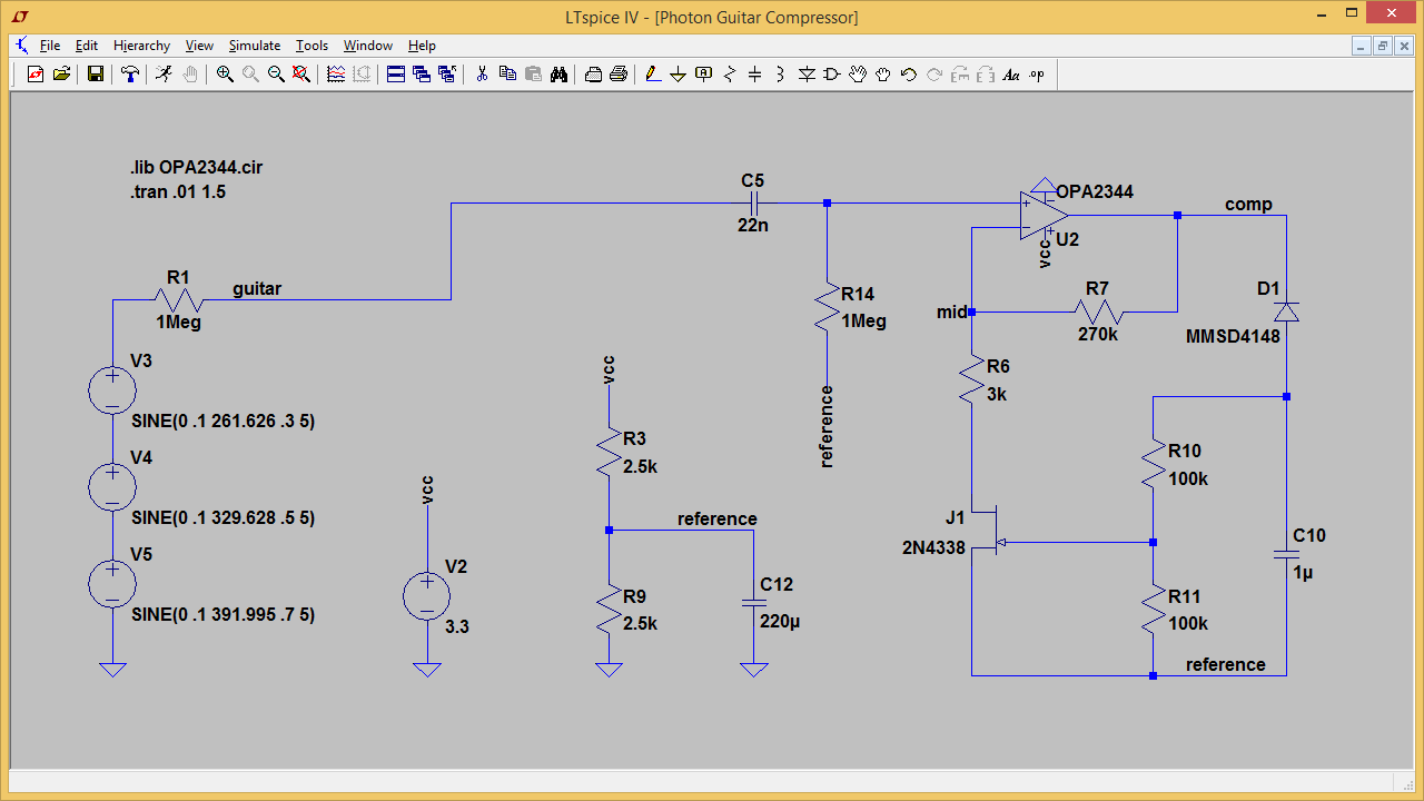 Fig. 4: The Photon Guitar Compressor project modeled in LTSpice.