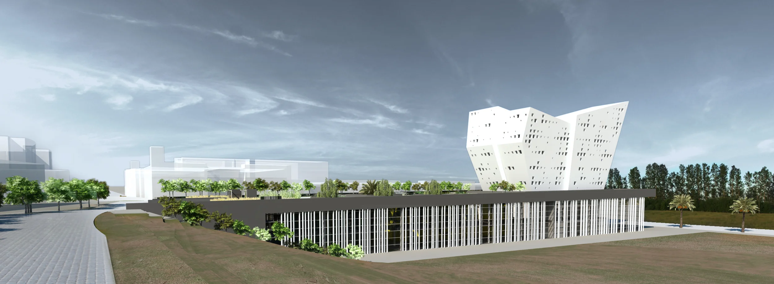 Price nomination for the two stage architectural Competition by the University of Cyprus, for the Project of “Department of Biological Sciences & Common Teaching Facilities 03”. The idea of the project is developed in three resultants: the extension of the «Belvedere» street with the creation of the Park with open spaces for events, meetings and restrooms, enabling a better quality of life of the academic community, but also improving the microclimate of the area. the topography of the area which allows the location of shared Lecture Functions below the Park (intensive green roof type). and the idea of the organizational structure of the cell, which adds character, form , functional relevance of the vertical development of the Department of Biological Sciences, principles of bioclimatic design sustainable development in order to become a landmark.