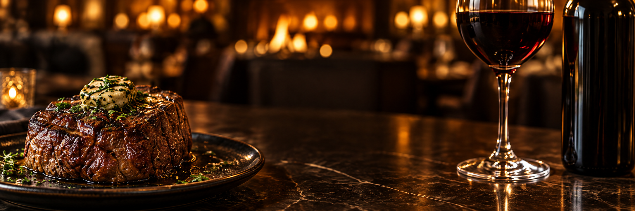 Seared filet with herb butter and red wine in a warmly lit steakhouse