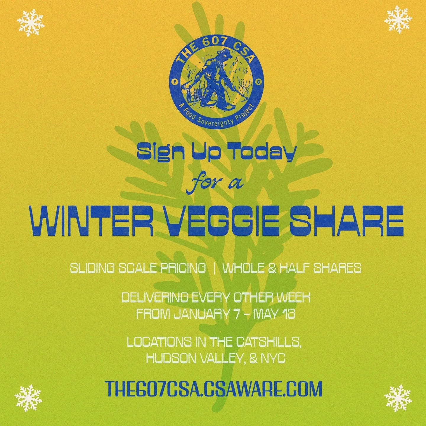 Our 2nd Annual Winter CSA begins next month! Support our partner farms and producers through the winter AND get delicious, local, ethically-grown veggies every other week! A win(ter) win-win! Delivering to pickup locations upstate and in NYC biweekly