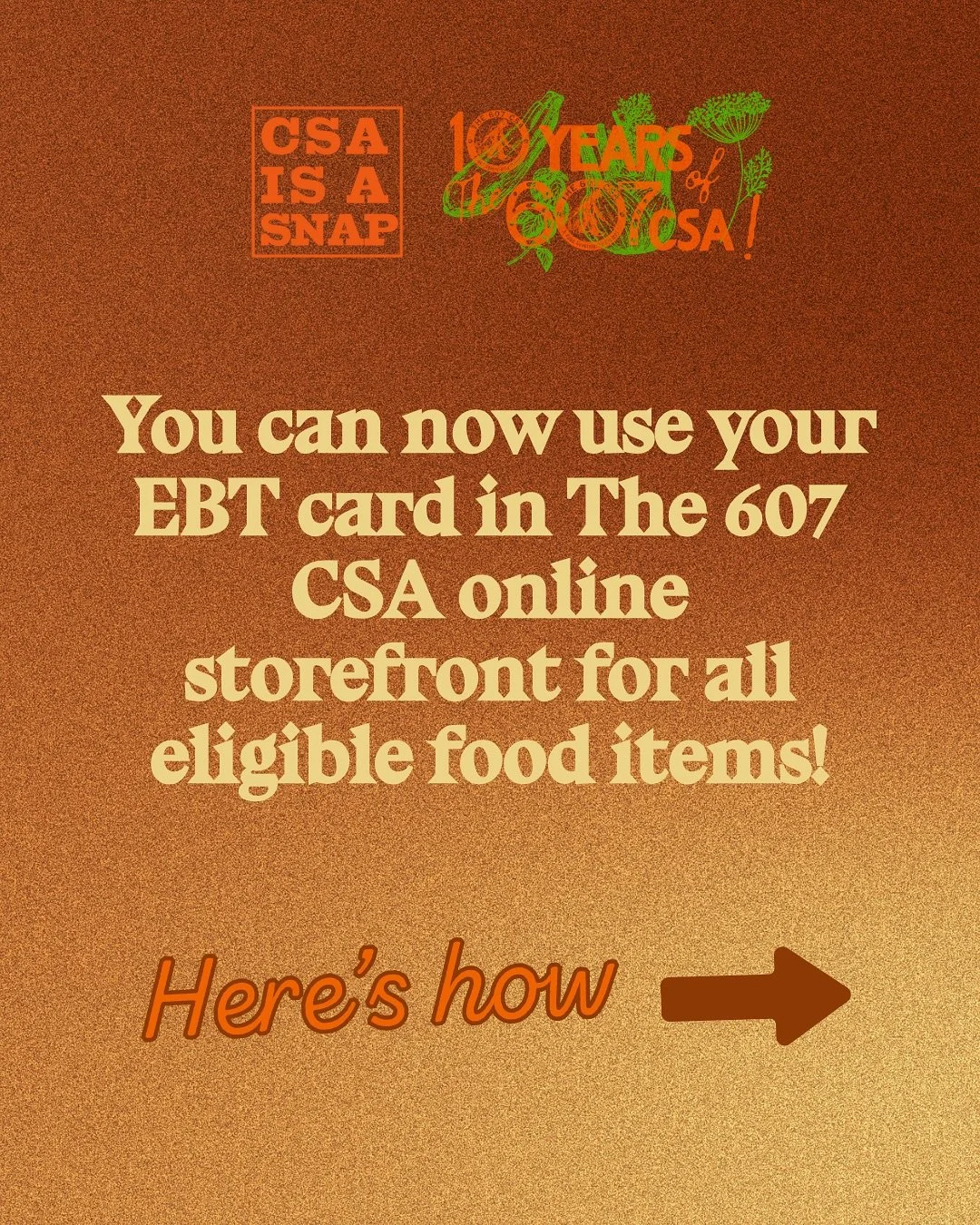 You can now use your EBT card in The 607 CSA online storefront for all eligible food items!&nbsp;

And thanks to our friends at @glynwoodorg, we have a limited number of CSA is a SNAP fall veggie shares at 50% off for members using SNAP benefits to p