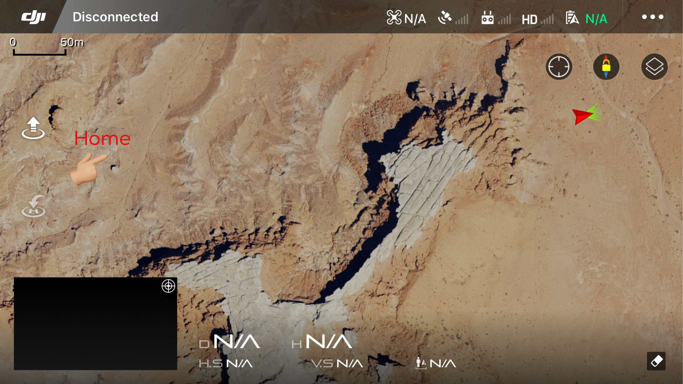 Screen shot of my DJI home screen- showing where by sturdy bird was last heard vs. where I was