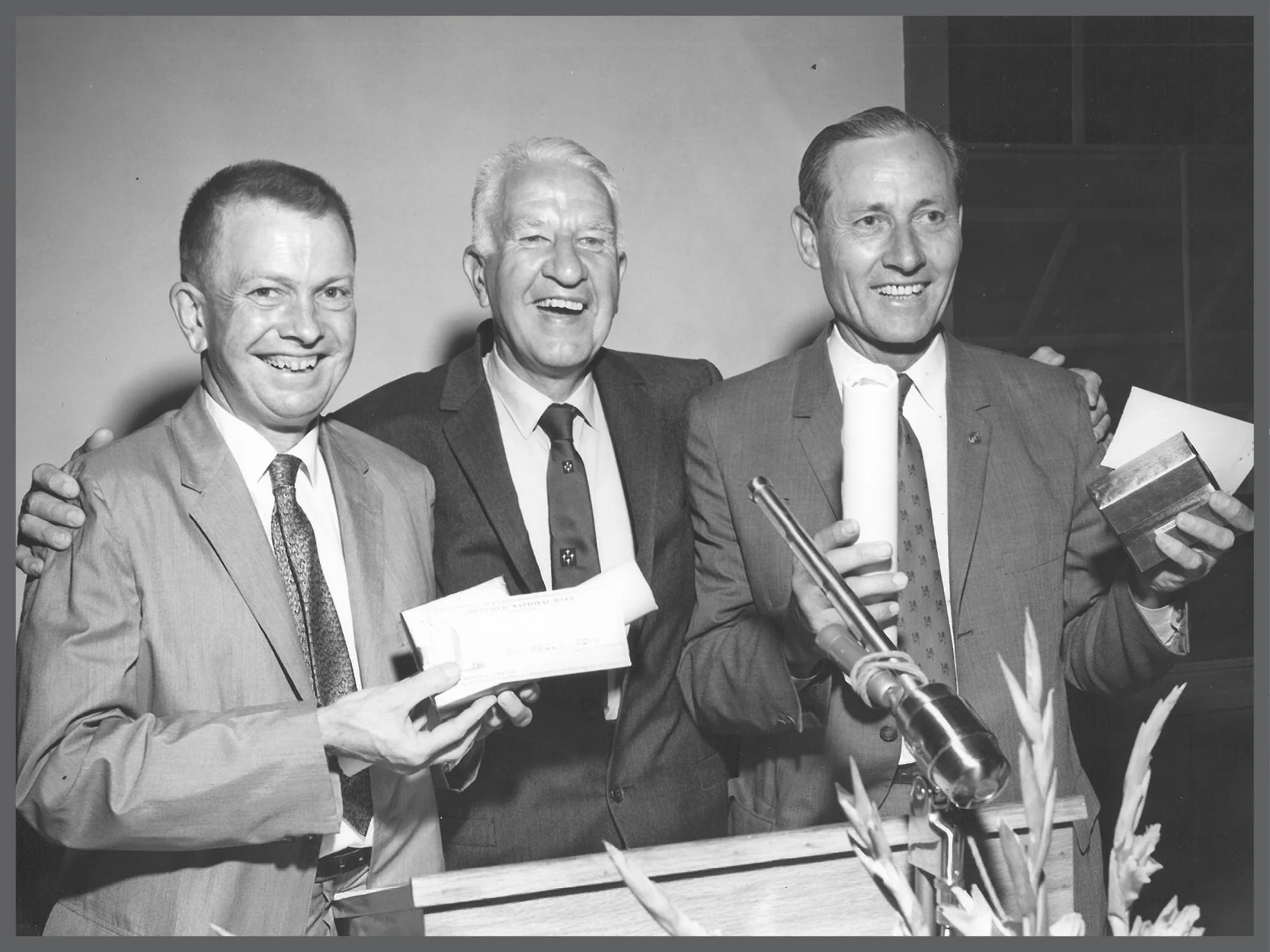 Raymond C. Bushland (left) and Edward F. Knipling receiving Hoblitzelle National Award for Agriculture. Photo courtesy of World Food Prize Foundation. 