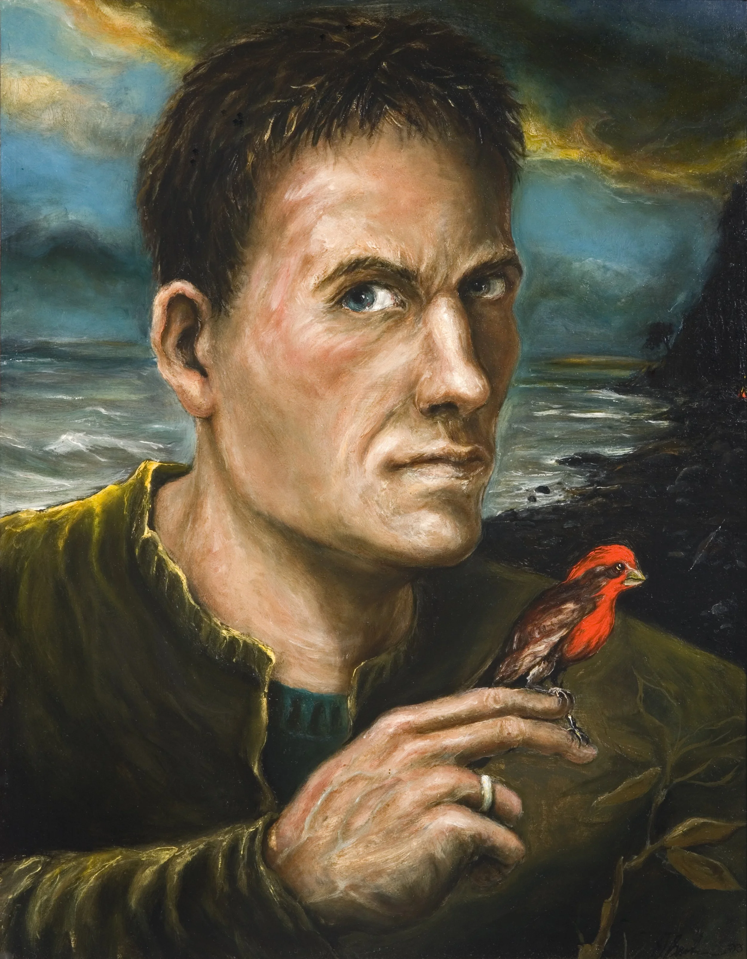 Self-Portrait with Finch. 2003. Oil on panel. 16 x 12 in (40.6 x 30.5 cm) 