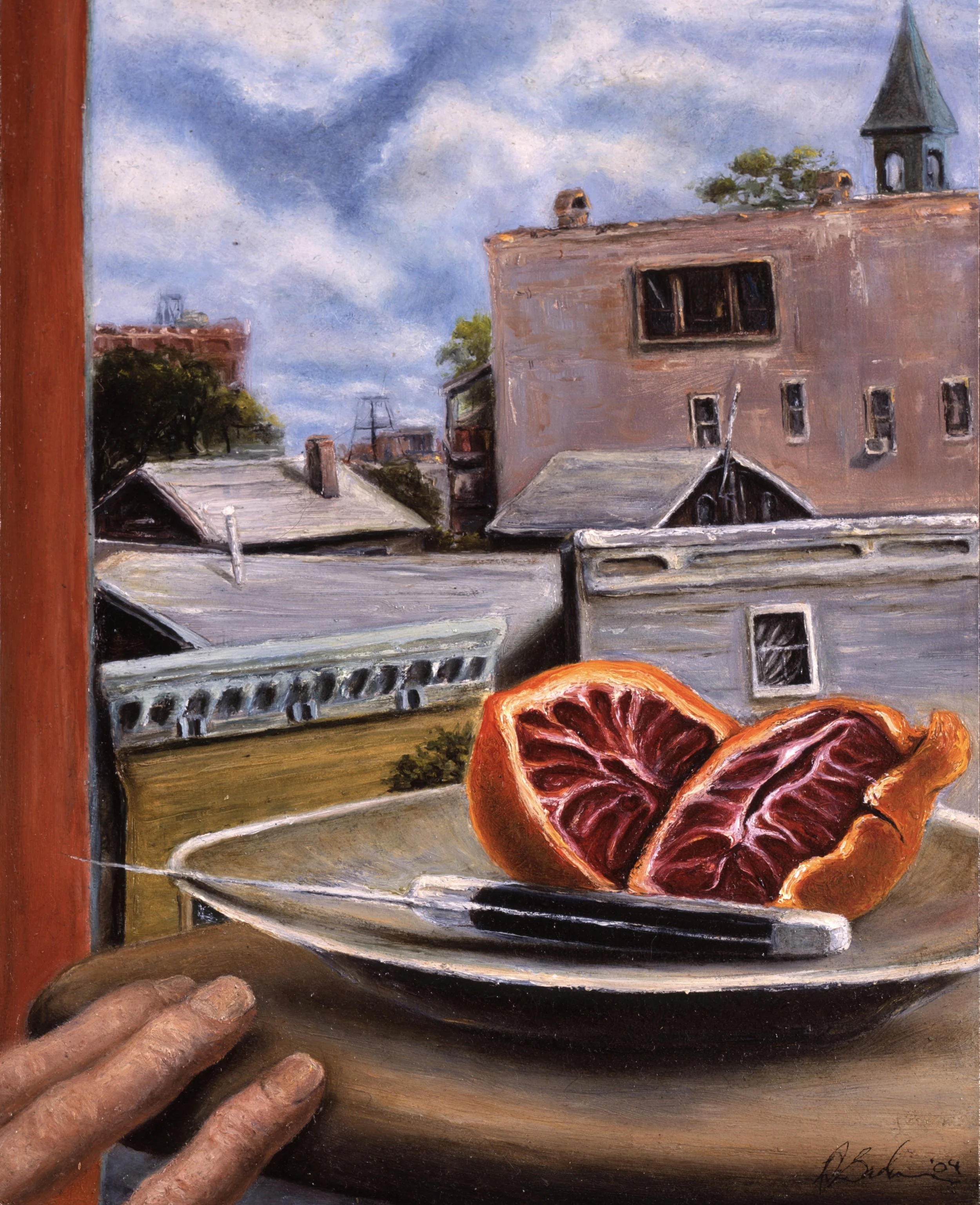 Chicago Studio View with Blood Oranges. 2003-04. Oil on panel. 10 x 8 in. (25.4 x 20.3 cm) 