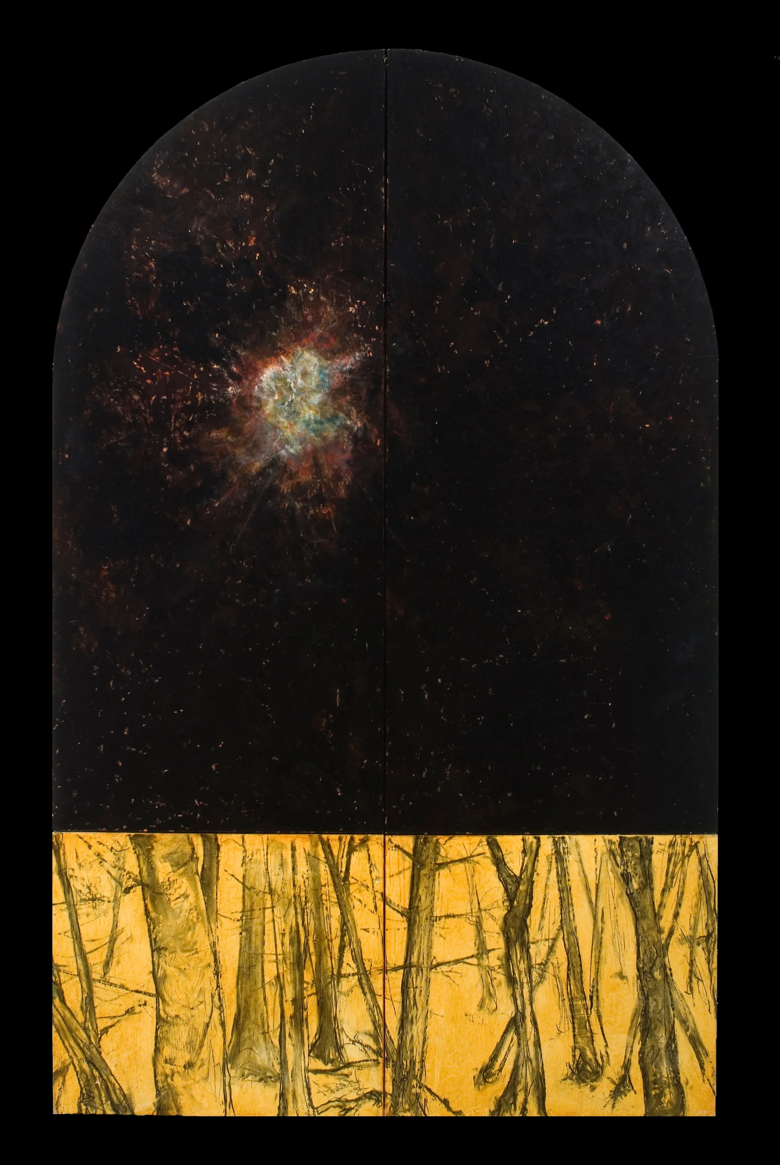 A split image with the top half depicting a galaxy with stars and cosmic dust, and the bottom half showing leafless trees in a yellowish landscape.