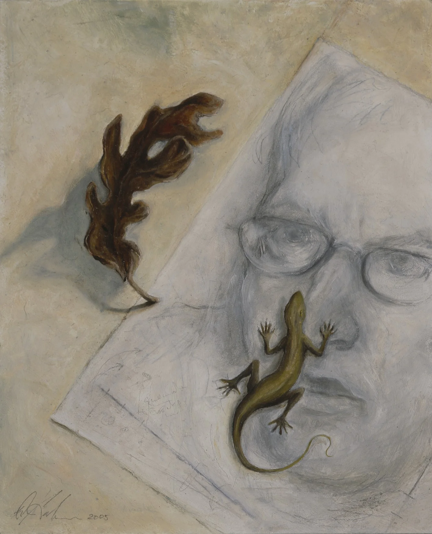 Self-Portrait with Oak Leaf and Anole